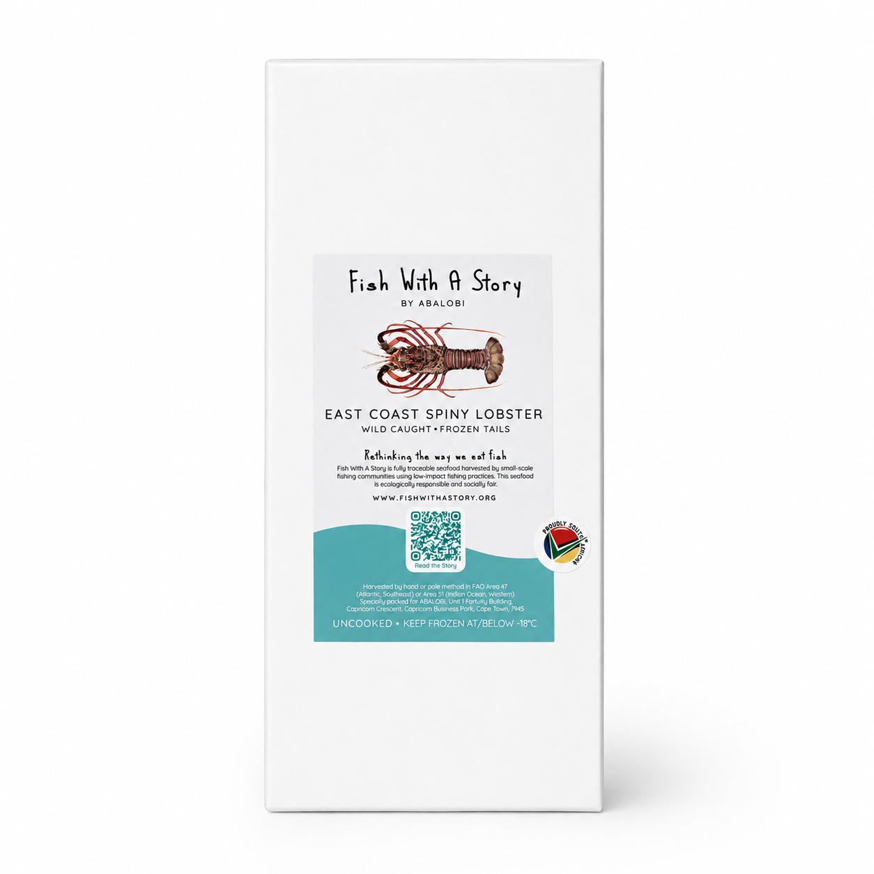 White carton packaging with a label for Fish With A Story East Coast Spiny Lobster, showing a lobster illustration and a QR code.